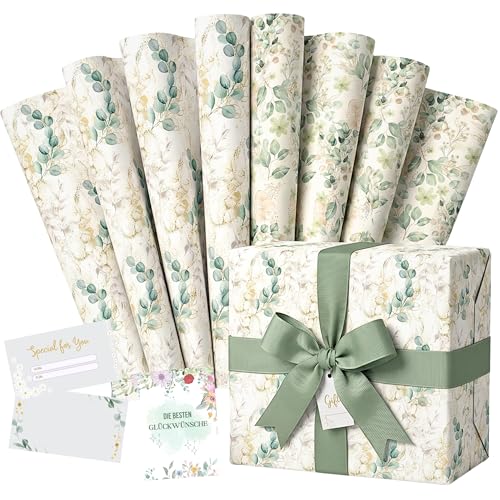 Geschenkpapier Set 8 Bögen (90x65 cm) + 10 Karten knickfrei gerollt Eukalyptus Naturdesign Goldfarben elegantes Geschenkpapier für Geburtstag & Hochzeit