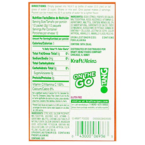 Tang On The Go Orange Sugar Free Drink Mix 6 Individual Sachet Box,(3.6g X 6) 22g