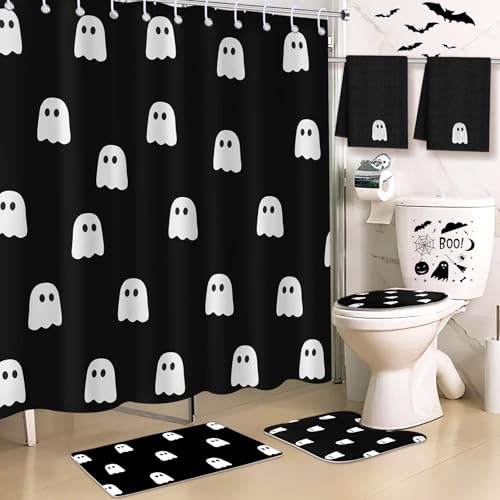 Maasechs 6 Pcs Halloween Ghost Shower Curtain Set 72 Ghost Bathroom Curtain with 12 Hooks Non Slip Rug Toilet Lid Cover Embroidered Towel U Shaped Rugs Non Slip Bath Mat for Halloween Home Decor