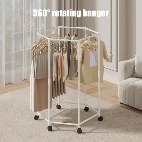 Image of Lukzer 360Rotating Hexagonal Clothes Drying Rack Double Layer Metal & Plastic Floor-Standing Coat Hanger with Wheels Freestanding Storage Organizer for Bedroom Balcony, Dorm, Living Room White CH-095