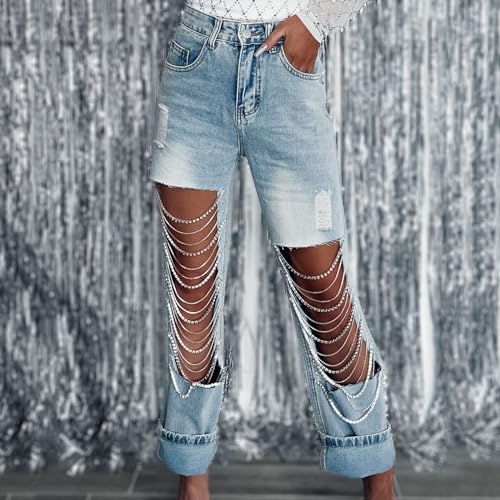 Womens Ripped Rhinestone Jeans Trendy High Waisted Stretchy Distressed Denim Pants Baggy Casual Vintage Y2k Trousers4
