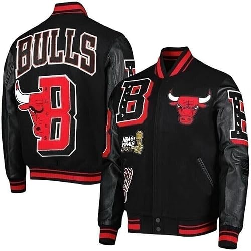 AG BISON Mens Chicago Vintage Baseball Letterman Bull Black Wool & Leather Jacket (US, Alpha, Large, Regular, Regular)
