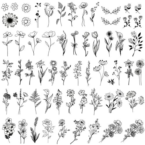 One Grace Mini Black Flower Temporary Tattoos - Realistic Long Lasting Waterproof Tiny Tattoos - Cute Floral Bouquet Wild Plants Small Tattoos for Women and Men