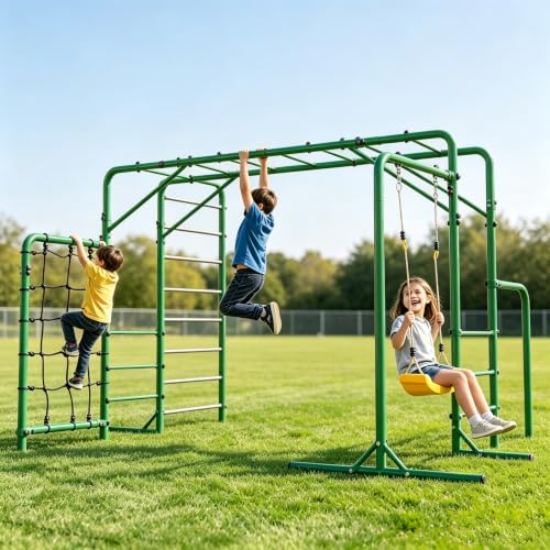 3-in-1 Monkey Bars for Kids Backyard with Climbing Frame, Swing & Net