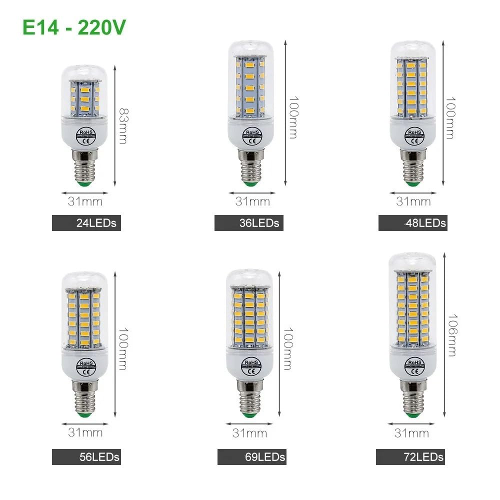 HHF Illuminazione domestica, Confezione da 15, AC220V Lampada LED a mais AC220V E27/E14/B22/G9/GU10 SMD5730 Lampadario Faretto Decorazione domestica Lampadina(E14,Warm White 72LEDs)
