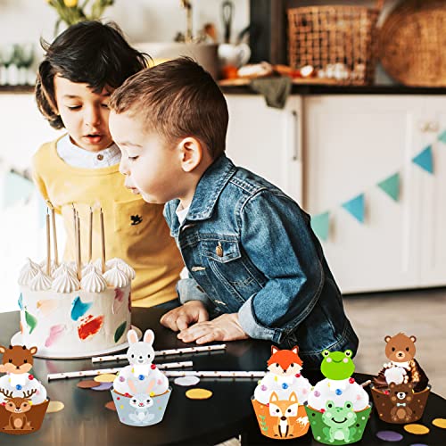 24 Set Safari Jungle Animals Cupcake Toppers And Wrappers 24Pcs Cake Toppers + 24Pcs Cupcake Liners With Animals Patterns For Wild Animals Themed Party Favors Decoration Birthday Cake Decor #TOP3