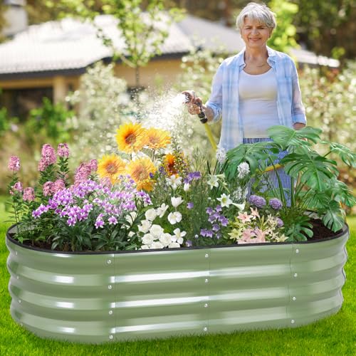 Galvanized Raised Garden Bed - 4×2×1ft (2 Packs) Planter Raised Beds for Gardening | Oval Metal Garden Planter Box with Safety Edging and Gloves for Vegetables Fruits and Flower OliveGreen - Image 3