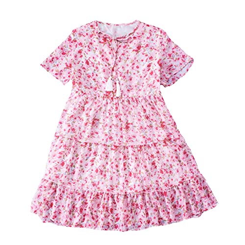 Women's Casual Dresses Summer Thin Loose Floral Women's Dress V Neck Pullover Short Sleeve Knee Length Skirt Blue #TOP1