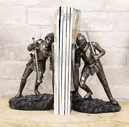 Ebros Dueling Medieval Crusader Knights With Giant Coat Of Arms Heraldry Shields Bookends Statue Set 8.25" Tall Suit Of Armor Swordsman Knight Age Of Kings Decorative Book Ends Sculptures #TOP6