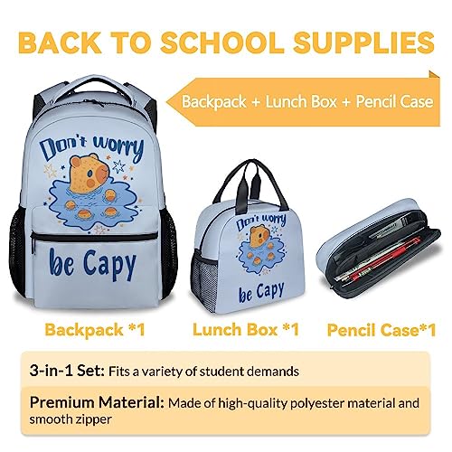 Kids Backpack with Lunch Box for Girls Boys, Set of 3 School Backpacks Matching Combo for Travel, Camping, Cute Light Blue Bookbag and Pencil Case Bundle for Primary Middle School3