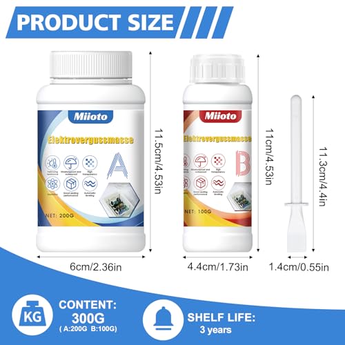 Miioto Vergussmasse Elektronik, Elektrovergussmasse Transparentes 300g A+B, Elektronik Dichtmasse Wasserdicht für Abzweigdosen, Platinen, Leiterplatten und Steuerplatinen für Haushaltsgeräte