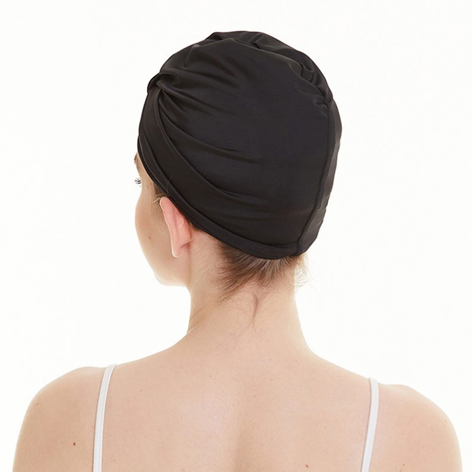 Cuffia da nuoto a pelo lungo, da donna, ad alta elasticità, per sport acquatici, piscina, a doppio strato, elastico, in tessuto di nylon, colore nero