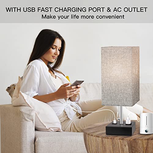 Wihtu 3-Color Temperature Bedside Lamp With Usb Port And Ac Outlet Table Lamps For Bedroom Lamps Nightstand Lamps With Grey Shade Black Metal Bed Lamp Small Desk Lamps For Living Room(Bulb Included) #TOP2