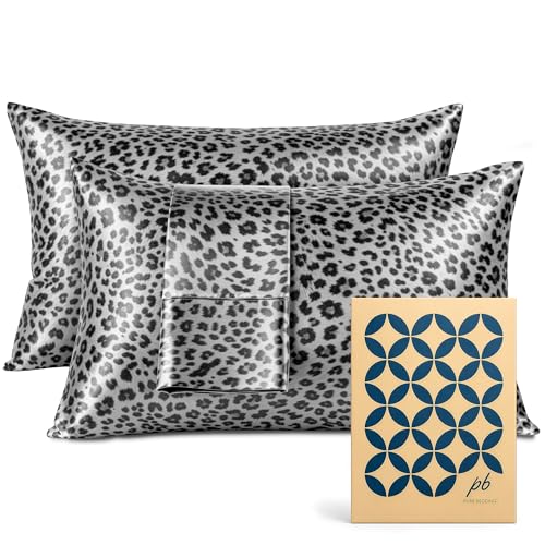 Pure Bedding Satin Pillowcase 2 Pack - King Size (20"x40", Silver Leopard) - Silky Pillow Cases for Hair and Skin - Satin Pillow Covers with Envelope Closure - Extra Soft Premium Microfiber
