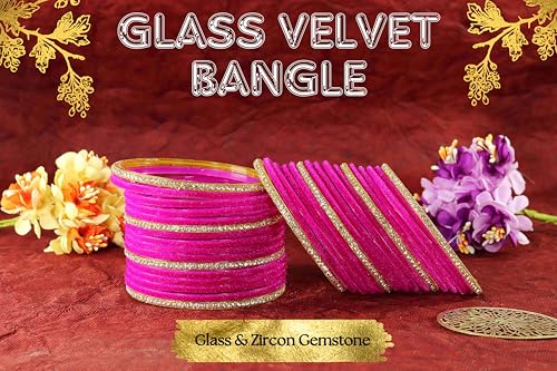Image of NMII Fancy Glass Golden Zircon Diamond Stone & Velvet Finish Plain Bangles Set For Women & Girls | Glass Velvet Bangles | Kanch ki Chudiyan | Girl's Bangles Bracelet | Fashion Jewellery- Set of 32