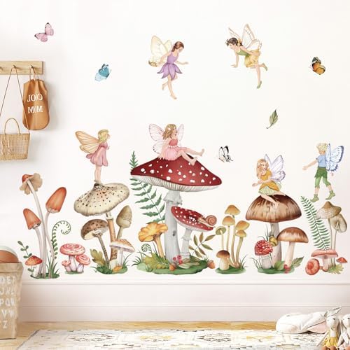 wondever Fairy Mushroom Wall Stickers Flowers Butterfly Elf Peel and ...