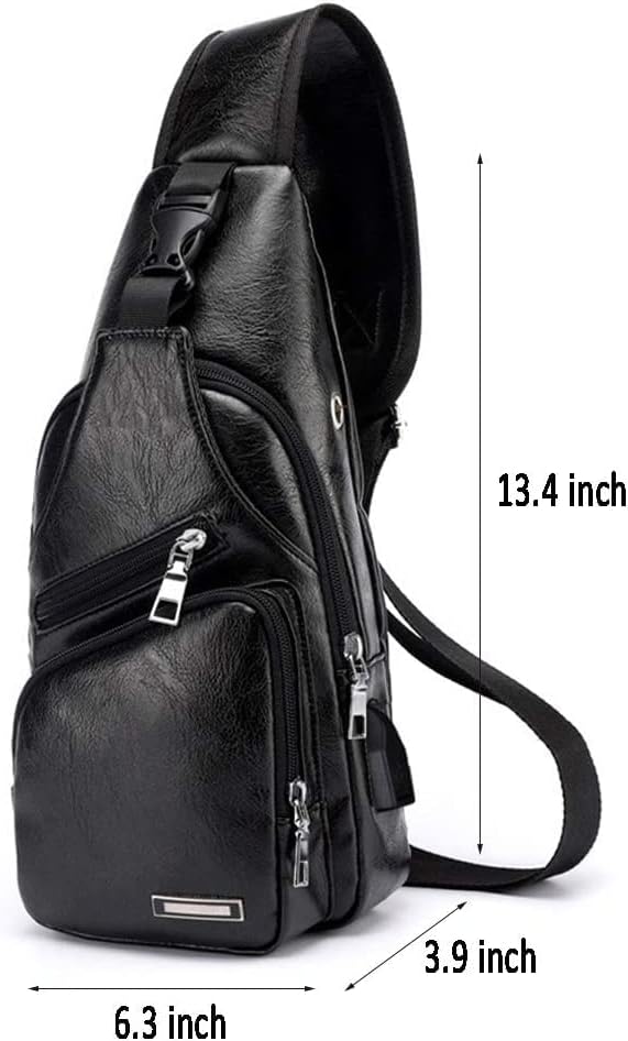 Miniatura 3 de Bolso bandolera de cuero para hombre, multiusos, bolso bandolera de hombro, color negro con puerto de carga USB, Negro -