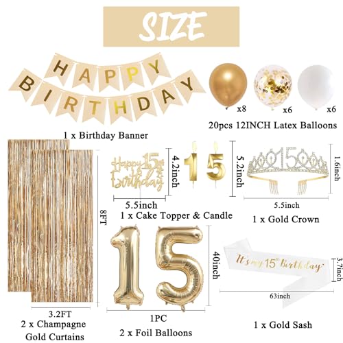 Image of Trgowaul 15th Birthday Decorations for Girls, Banner, Sash and Crown, Cake Topper, 15 Number Balloon, Fringe Curtains, Champagne Gold 15th Birthday Party Supplies