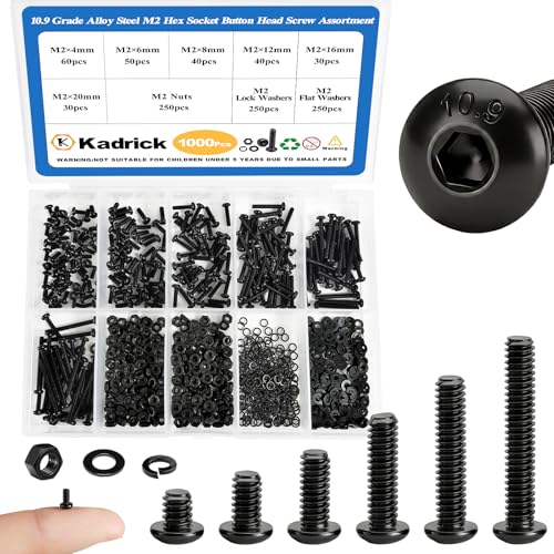 KADRICK 1000PCS M2 Screw Kit,Hex Socket Button Head Bolts 4mm-20mm