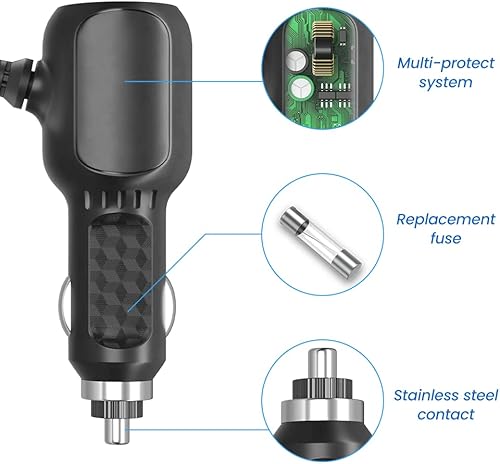 Miniatura 6 de Cargador de coche de 12 V con puertos USB Daul de 5 V y 5 conectores para detector de radar, tira de luz LED, bomba de aire portátil, reproductor de