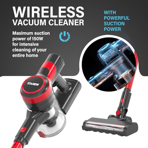 Stanew Cordless Vacuum Cleaner, 150W Stick Vacuum Cleaner for Home, 4-in-1 Rechargeable Vacuum Cordless, LED Light, Powerful Suction, 40 Min Runtime, Vacuum for Hard Floor Pet Hair and Car