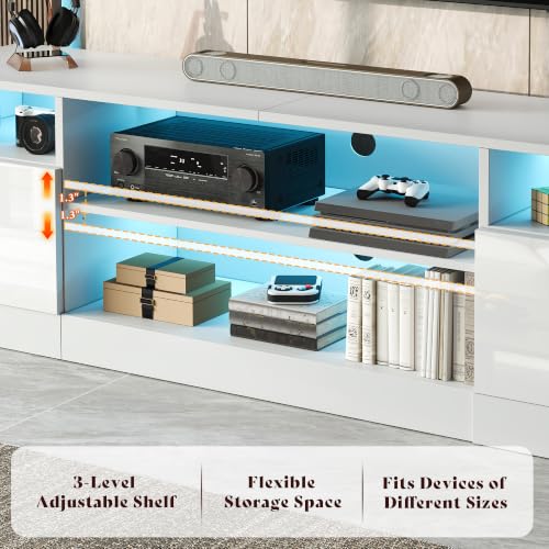 Image of AMERLIFE 70 inch LED TV Stand for TVs up to 80 inch, Modern Entertainment Center with Storage Cabinets & Open Shelves, High-Gloss TV Console for Living Room, Bedroom, White