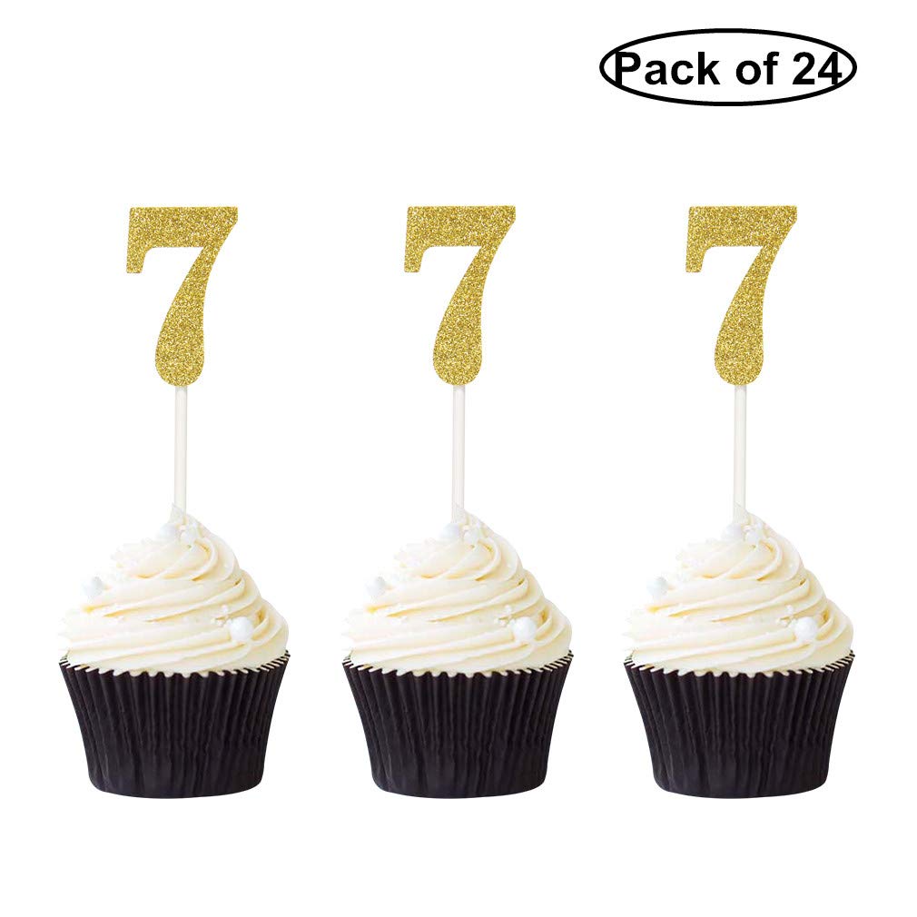 Pack of 24 Number 7 Cupcake Toppers Gold Glitter 7th Birthday Cupcake Picks Anniversary Party Decor