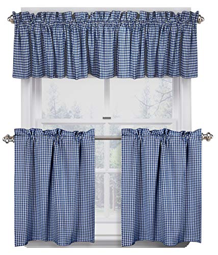 Native Fab Juego de 3 Cortina Corta de Cocina Ventana algodón Lavable, 2 Cortinas de Nivel y 1 Cortina de Cenefa, Media Ventana Cortinas para Fregadero Cocina balcón Dormitorio Café- Azul Cover