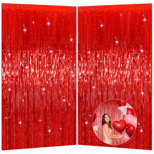 Image of Red Foil Fringe Curtains Tinsel Backdrop for Birthday Party Decorations
