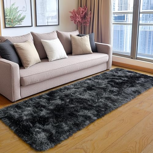 KING DARE Shag Runner Rug 2x6, Soft Fluffy Bedroom Runner Rug Bedside, Non-Slip Washable Plush Fuzzy Carpet for Dorm Girls Boys Kids Room Indoor Decor, Black and Dark Gray