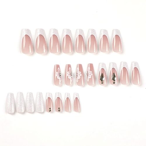 Miniatura 4 de RikView Uñas postizas de punta francesa a presión, acrílicas largas, uñas postizas blancas con diseño de flores, cubierta completa, 24 unidades por
