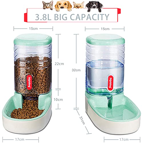 Dogs Cats Automatic Feeder,Small Medium Big Animals Automatic Pet Feeder Set Pet Automatic Water Dispenser and Food Bowl Set,3.8L (Green Waterer+Feeder+Spoon+mat) - Thumbnail 2