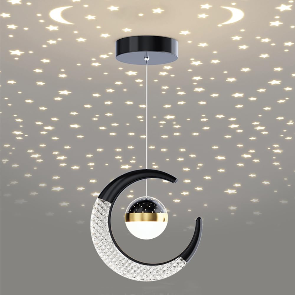 Mengjay Suspension Luminaire Lune et Étoiles Nordique Créativité LED Lustre Plafonnier 10W Lampe à Suspension avec Projection d'étoile Moderne pour Enfants Chambre (Noir, Blanc Chaud)
