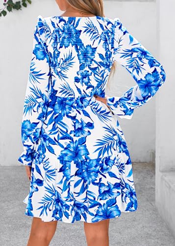 Image of KIRUNDO Long Sleeve Dress for Women 2025 Summer Fall Wedding Guest Smocked Floral Crewneck Ruffle A Line Flowy Mini Dress
