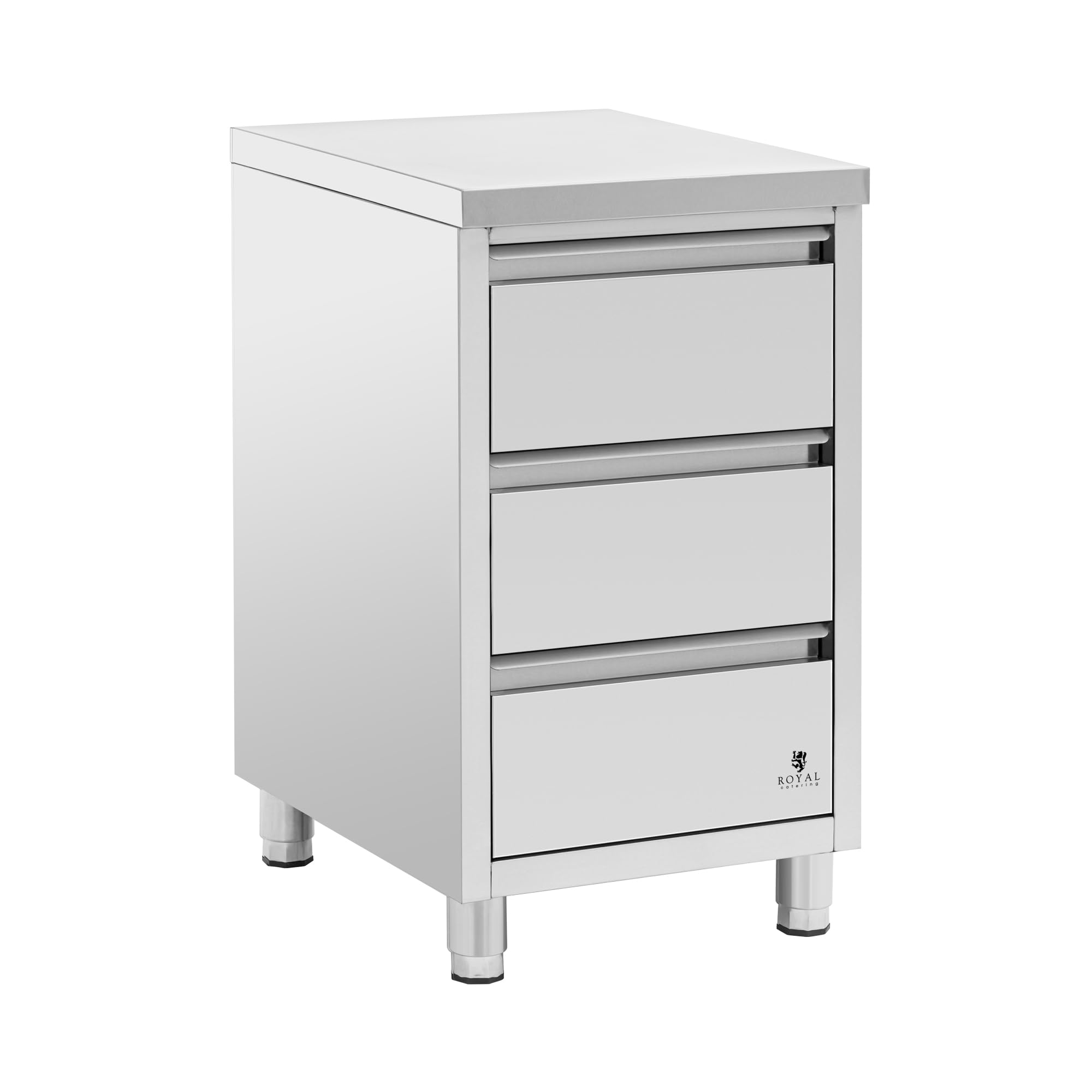 Royal Catering RCCD-3S - Armadio da lavoro in acciaio INOX con 3 cassetti, 50 x 60 cm, altezza regolabile, in acciaio INOX