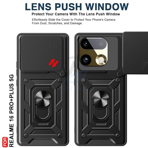Image of AESTMO Tough Armor Realme 16 Pro Plus 5G Bumper Back Case Cover | Ring Holder & Sliding Camera Shield Cover | 360 Degree Protection Back Case Cover for Realme 16 Pro Plus 5G (Black)