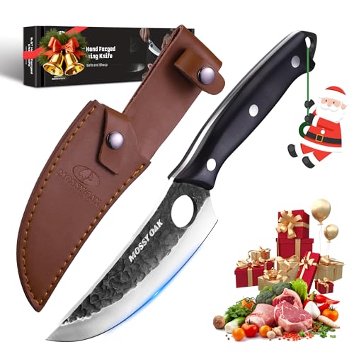 Mossy Oak Chef Knife, Kitchen Knife for Boning, Cutting, and Chopping, Hand Forged Viking Knife Full Tang Handle with Genuine Leather Sheath, Meat Cleaver Knife for Outdoor Cooking, Camping