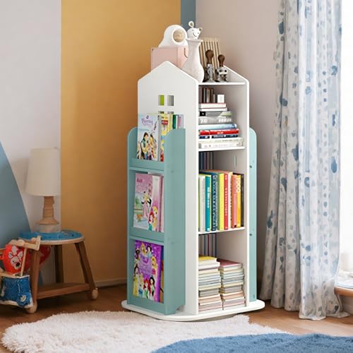 Kids Rotating Bookcase 360 Spin 3-Tier Interactive Bookshelf for Childrens Room Playroom Corner Floor Standing Organizer for Toys & Books Living Room Study (Green)