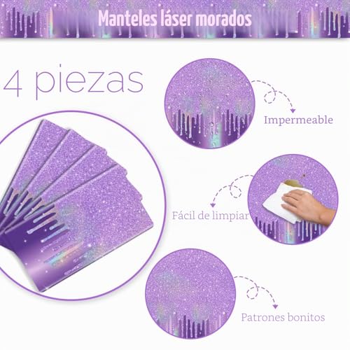 Miniatura 3 de Pack De 4 Manteles Morados Brillantes, Mantel Láser Púrpura Para Suministros De Fiesta De Aniversario