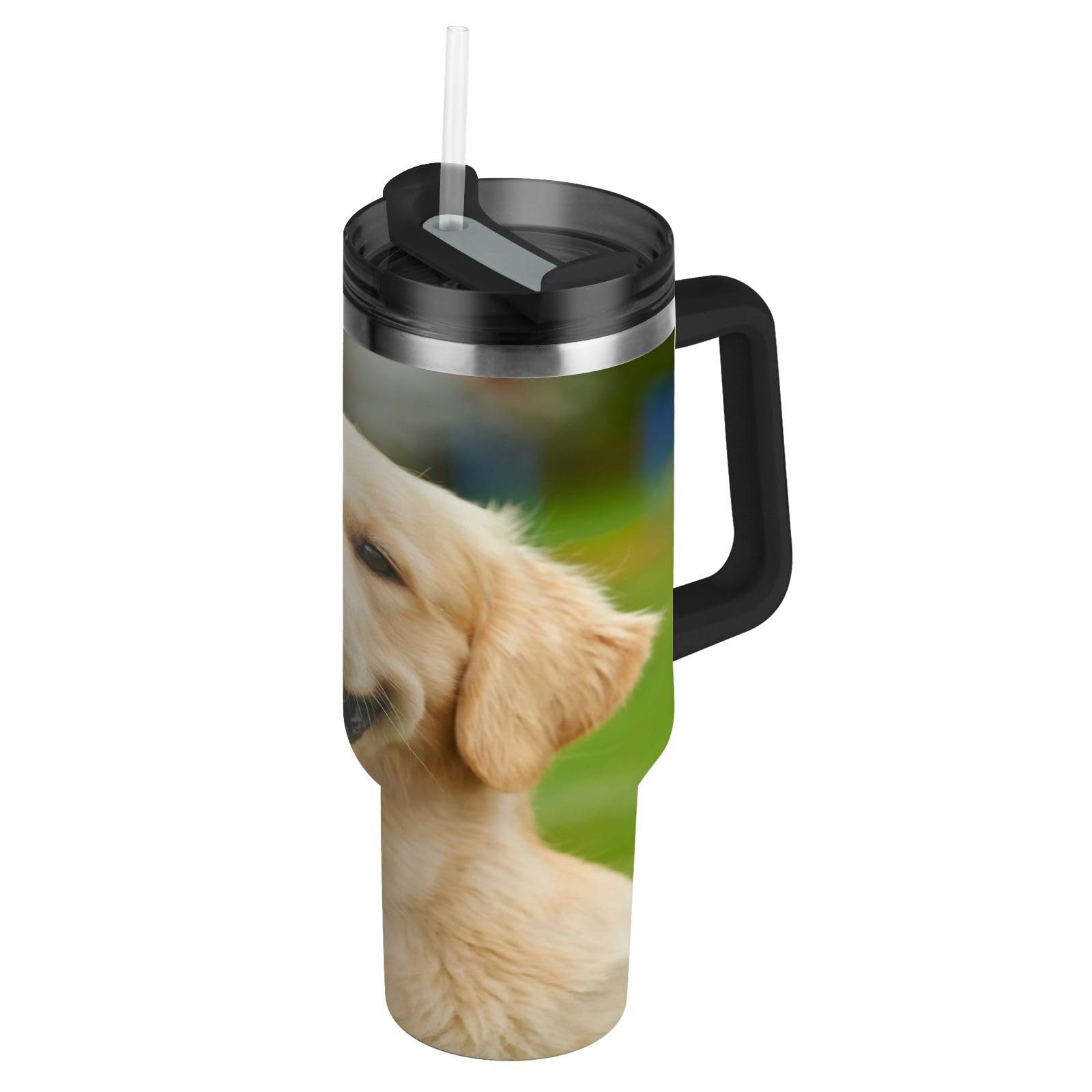 Isolierter Trinkbecher, niedlicher Golden Retriever-Hund, doppelwandig, Edelstahl, Wasserflasche, Kaffeetasse, Reisebecher mit Griff, Strohhalm-Deckel