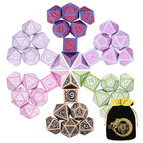 CiaraQ DND Polyhedral Dice Set (42pcs) with A Gold Pattern Drawstring Bag for Dungeons and Dragons RPG MTG Table Games. 6 Sets Fantasy Role Playing Dice Set