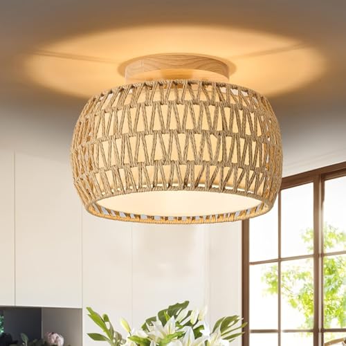 KUOP Boho Deckenlampe Rattan Lampe Decke 30cm Deckenleuchte Rattan Deckenlampen E27 Korblampen Schlafzimmerlampe Wohnzimmerlampe für Wohnzimmer Schlafzimmer Flur B32cm*H15cm