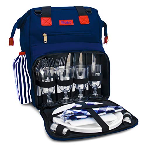 Rolio Picnic Backpack for 4 Person, Insulated Cooler Compartment, 2 Bottle Holders, Complete