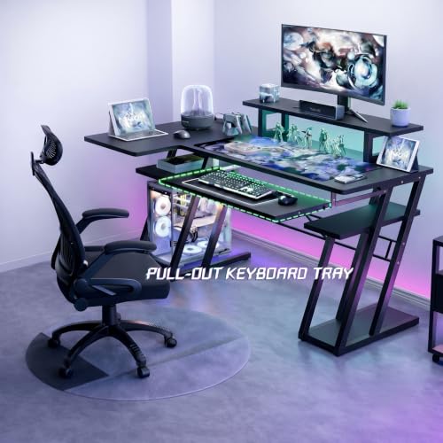 Image of Gaming Desk with Monitor Stand | Computer Table for Home & Office | Ergonomic Study Table with Keyboard Tray CPU Stand & Headphone Hook (Black) |120x60x90 cm