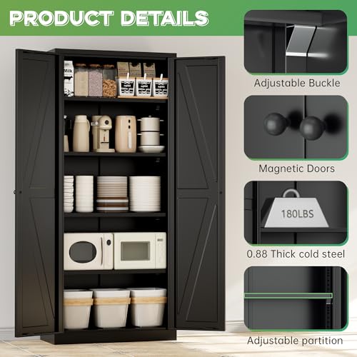 Image of INTERGREAT Metal Storage Cabinet with Magnetic Doors, 63 inch H Modern Classic Style Metal Cabinets with 2 Doors and 4 Adjustable Shelves for Home Office, Kitchen, Bathroom (Black)