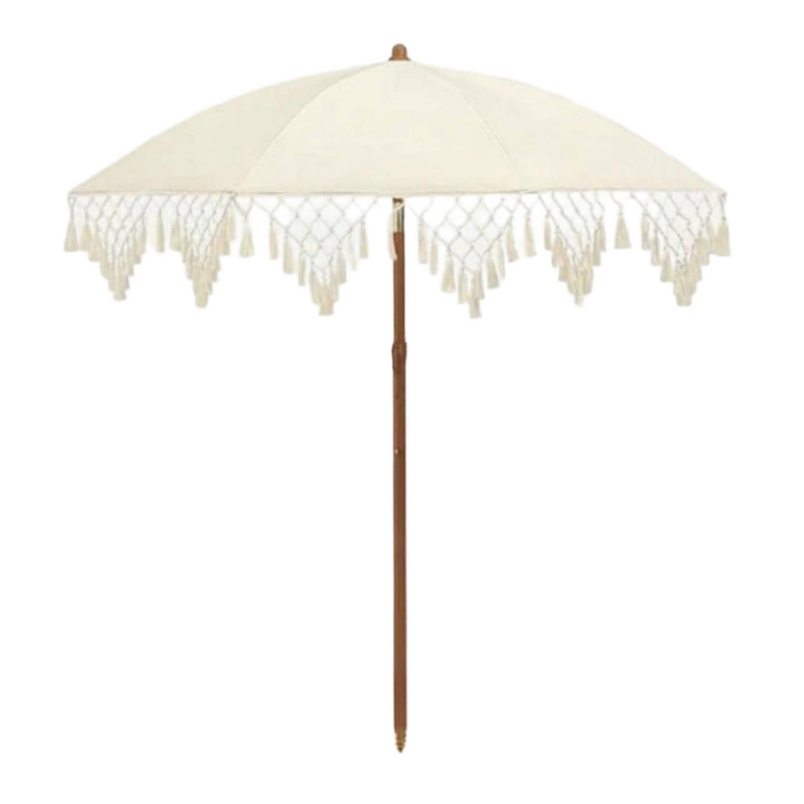 Baoblaze Patio Umbrella Outdoor Heavy Duty Bohemian Triangular Tassel Parasol Adjustable Wooden Pole Sun Shade for Garden Backyard Beach Market Vendors, Courtyard, Apricot, Triangle Tassel