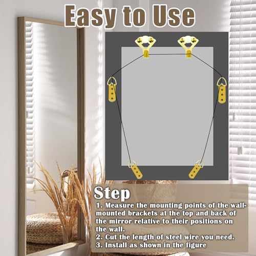 Image of Golden Picture Hanging Kit Picture Hanging Wire Kit Heavy Duty Mirror Hanging Kit,100 lbs 50FT Stainless Steel Wire Hanger Kit,with D-Ring /Hanging Hooks /Screws /Level