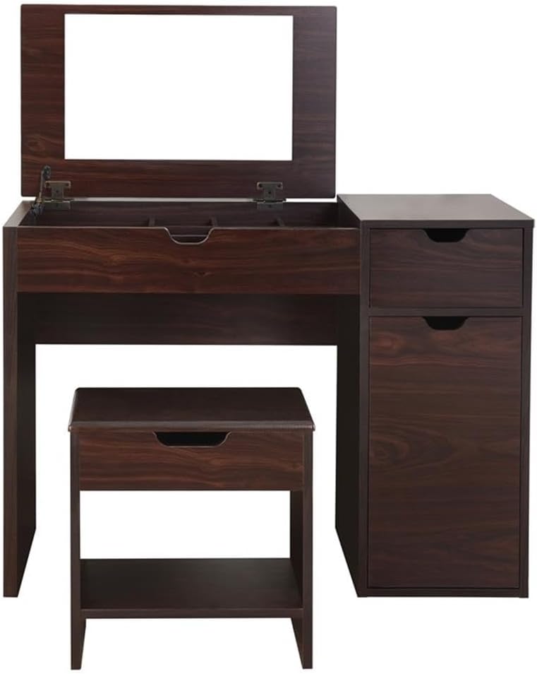 BOWERY HILL 2-Piece Vanity Set, Walnut Finish, Wood/Glass Construction, Flip-Up Mirror, Storage Drawers, Cushioned Stool, Compact Design for Bedroom or Dressing Room Use