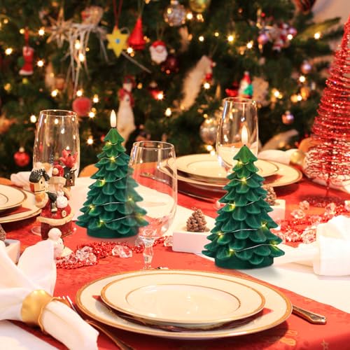 Image of Eldnacele Christmas Tree Flameless Candles String Lights with 11-Key Remote and Timer, Battery Operated 3D Wick Flickering Real Wax LED Pillar Candles Xmas Eve Dinning Holiday Decor(2Pcs,3 inchx7.1 inch)