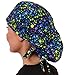 Sparkling EARTH - Blue, Green & Purple Dots on Black - Unisex Big Hair Ponytail Surgical Scrub Style Working Caps - Made in the USA!